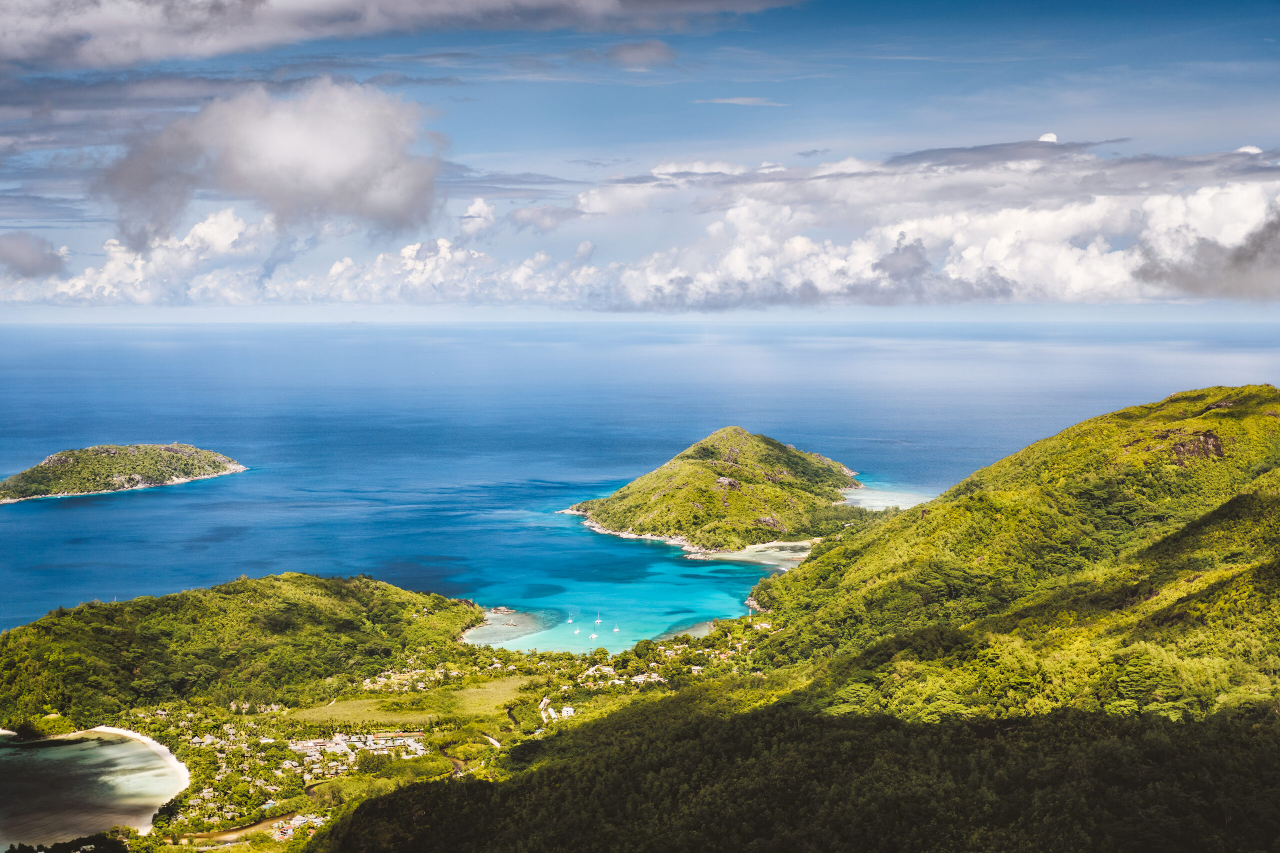 Mahe island, Seychelles. Panoramic view on therese island, bay ternay from morne blanc hill view point.